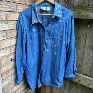 Vintage Koret Blue Button Down Shirt with Floral Embroidery